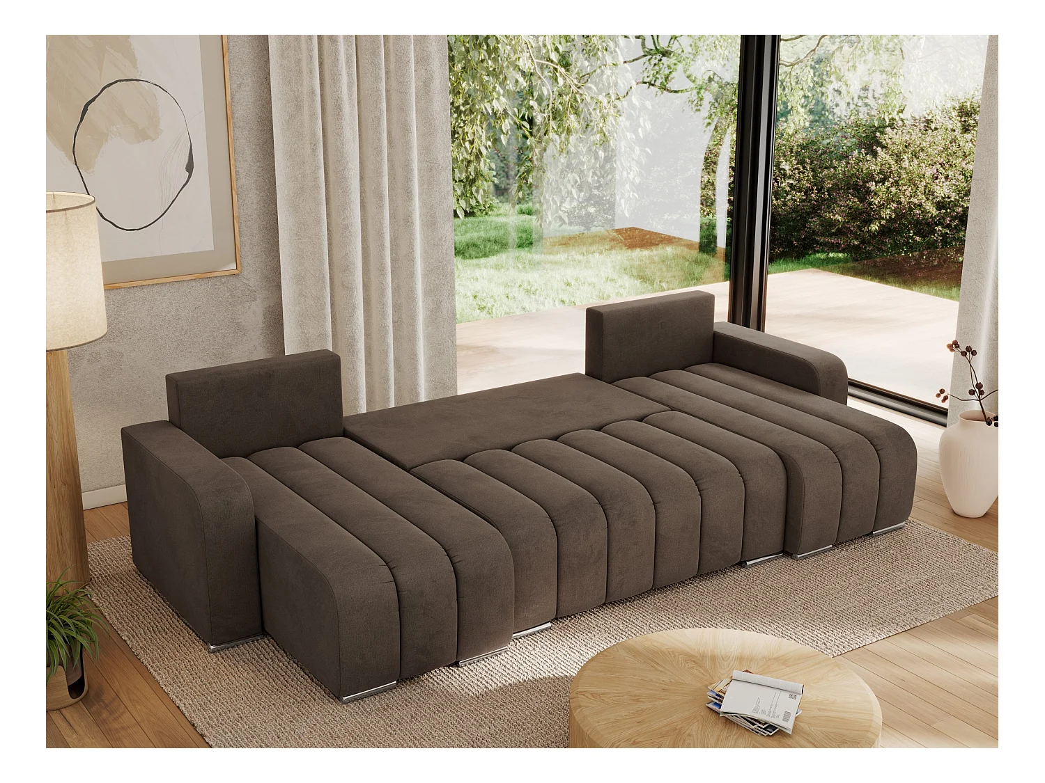 Ecksofa KIRASSO U - Wohnlandschaft, Schlaffunktion und Bettkasten, Couch U-form, lose Kissen - Braun Velvet