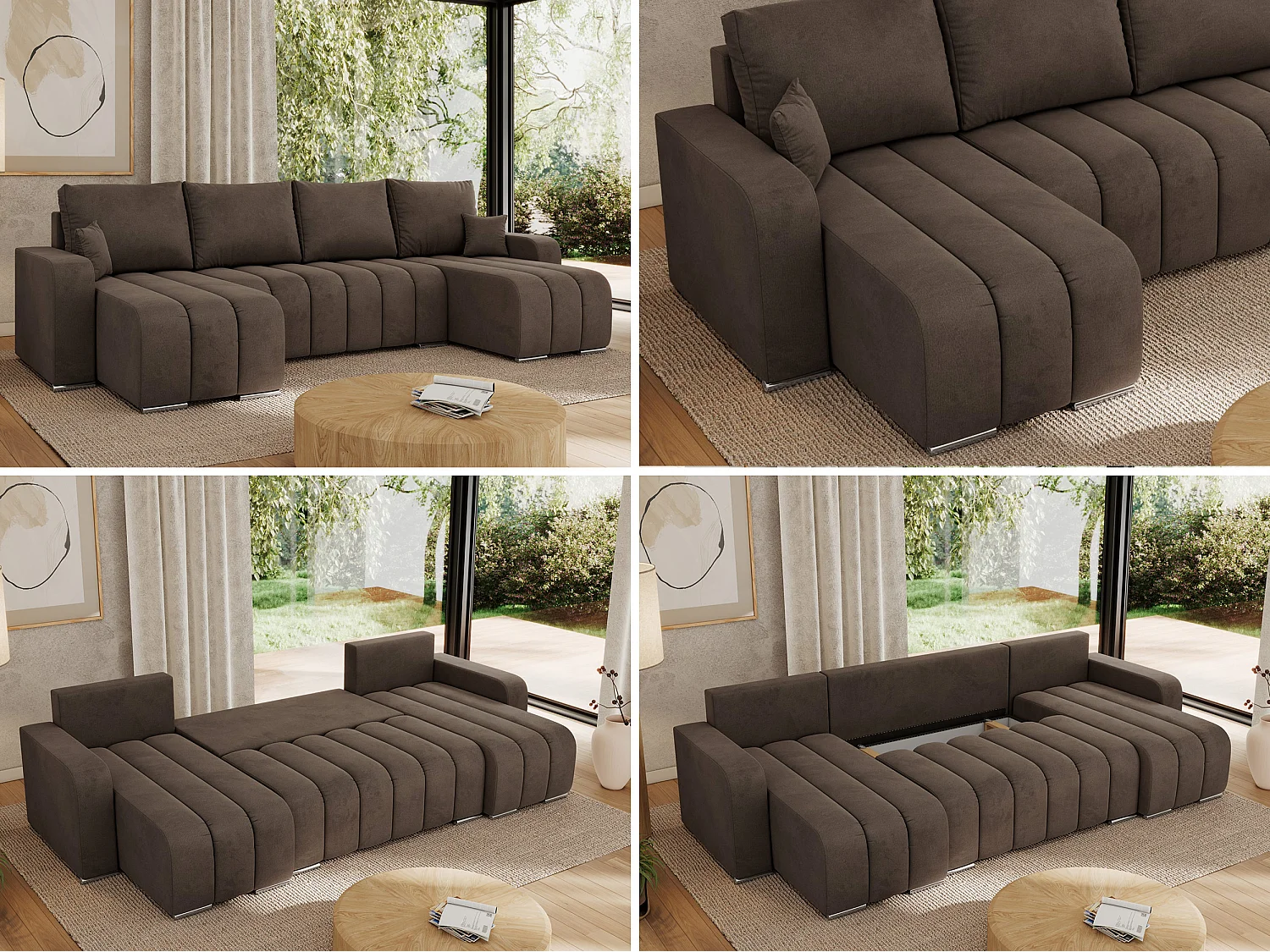 Ecksofa KIRASSO U - Wohnlandschaft, Schlaffunktion und Bettkasten, Couch U-form, lose Kissen - Braun Velvet