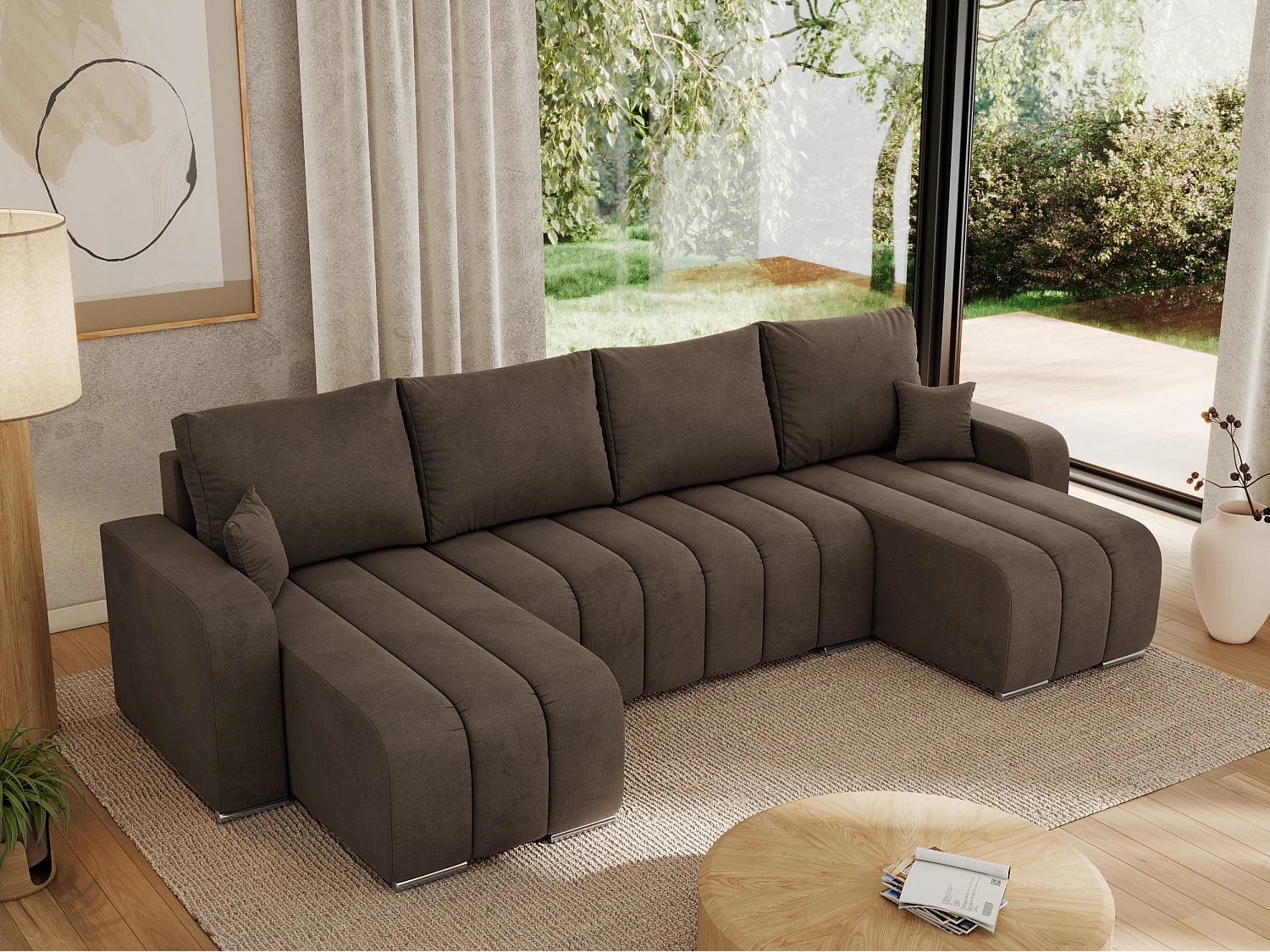 Ecksofa KIRASSO U - Wohnlandschaft, Schlaffunktion und Bettkasten, Couch U-form, lose Kissen - Braun Velvet