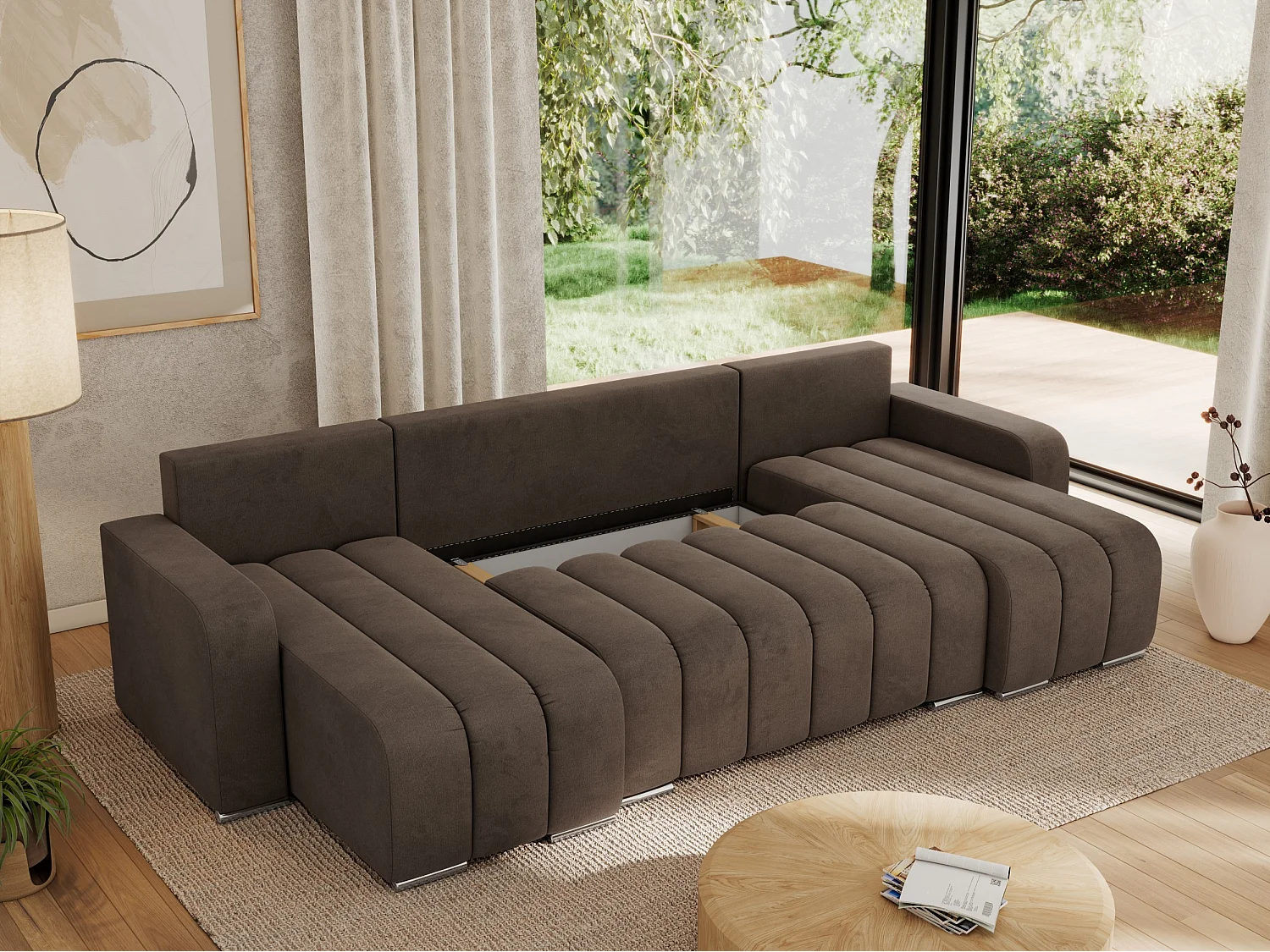 Ecksofa KIRASSO U - Wohnlandschaft, Schlaffunktion und Bettkasten, Couch U-form, lose Kissen - Braun Velvet