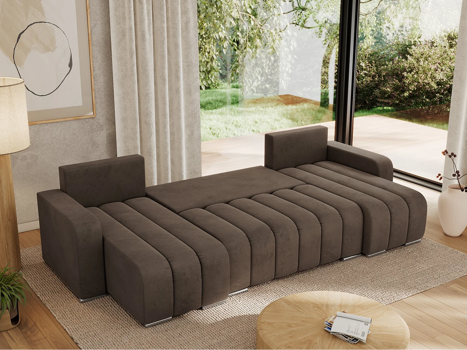 Ecksofa KIRASSO U - Wohnlandschaft, Schlaffunktion und Bettkasten, Couch U-form, lose Kissen - Braun Velvet