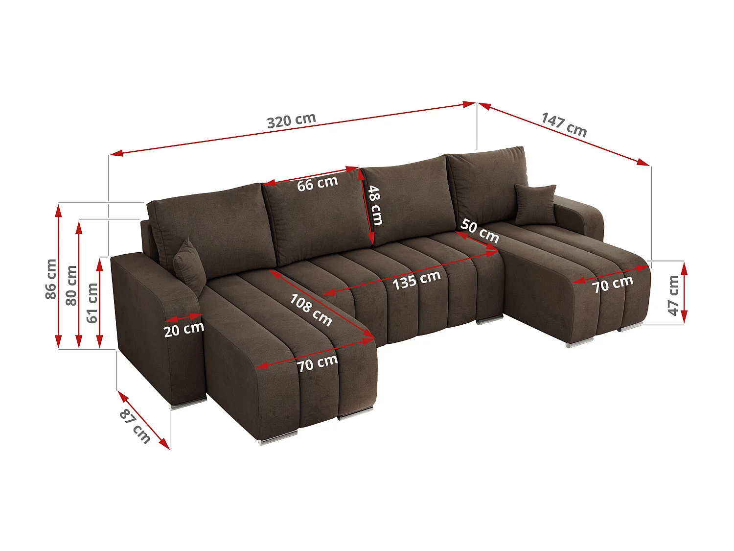 Ecksofa KIRASSO U - Wohnlandschaft, Schlaffunktion und Bettkasten, Couch U-form, lose Kissen - Braun Velvet