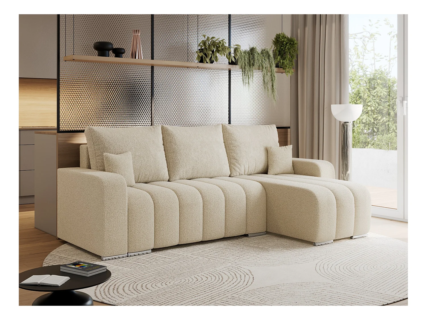 Ecksofa KIRASSO - universelles mit Schlaffunktion und Bettkasten, lose Kissen, Armlehnen - Beige Boucle