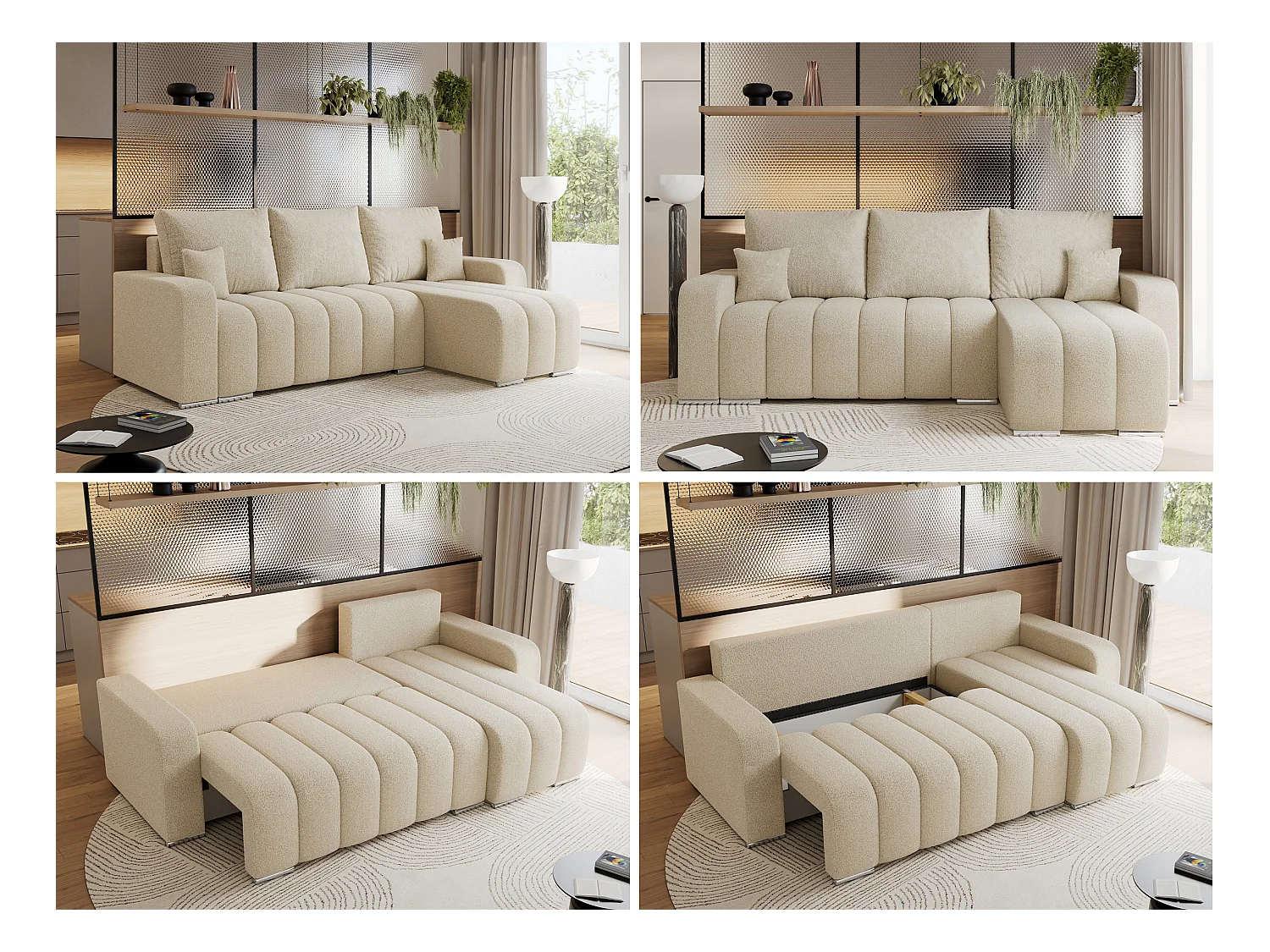 Ecksofa KIRASSO - universelles mit Schlaffunktion und Bettkasten, lose Kissen, Armlehnen - Beige Boucle