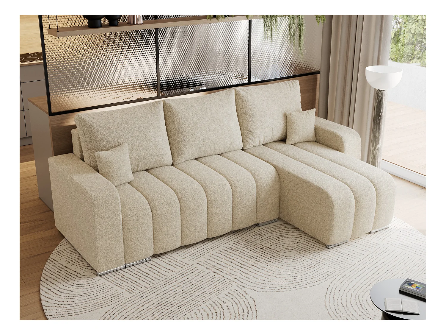 Ecksofa KIRASSO - universelles mit Schlaffunktion und Bettkasten, lose Kissen, Armlehnen - Beige Boucle