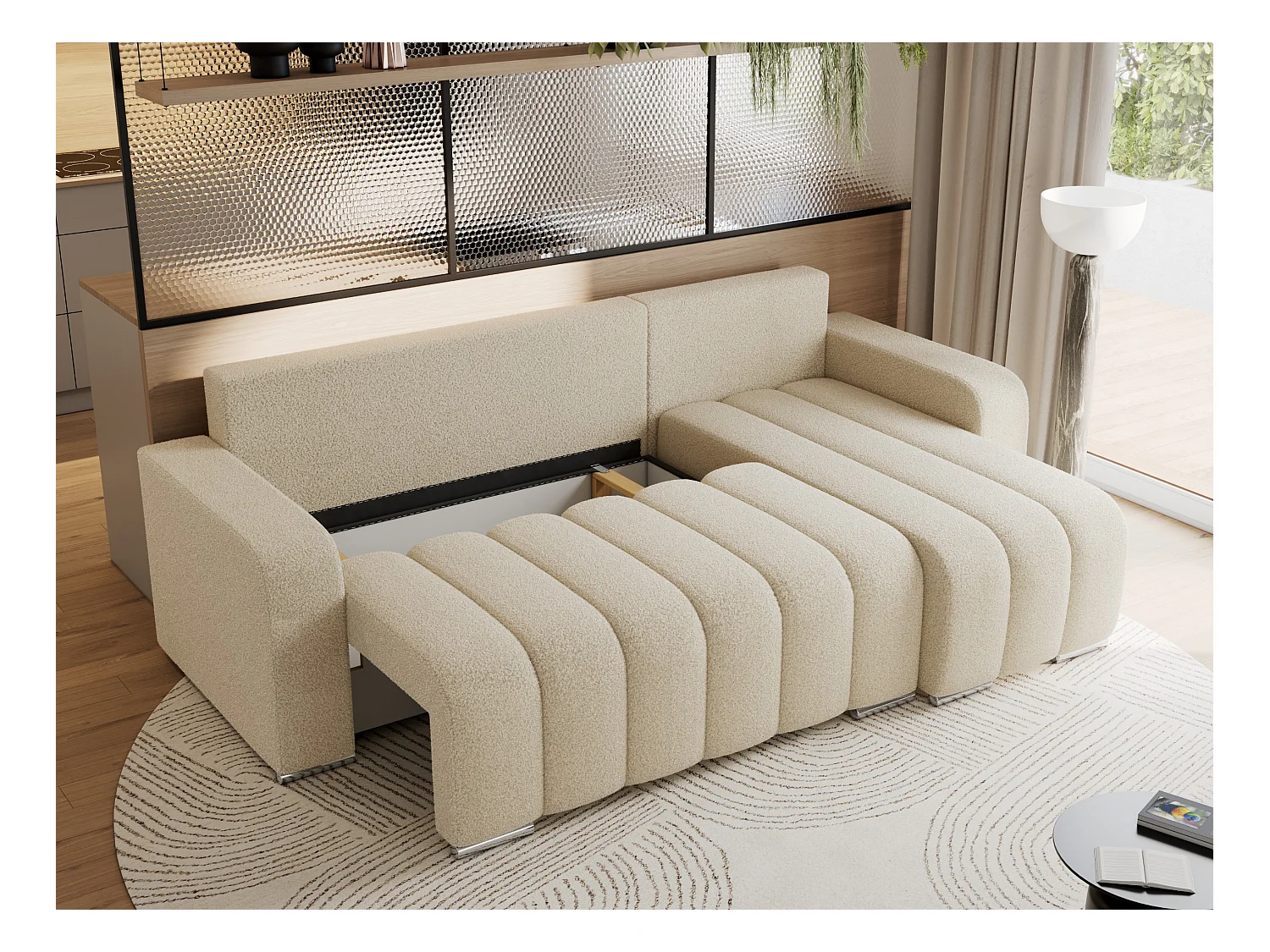 Ecksofa KIRASSO - universelles mit Schlaffunktion und Bettkasten, lose Kissen, Armlehnen - Beige Boucle