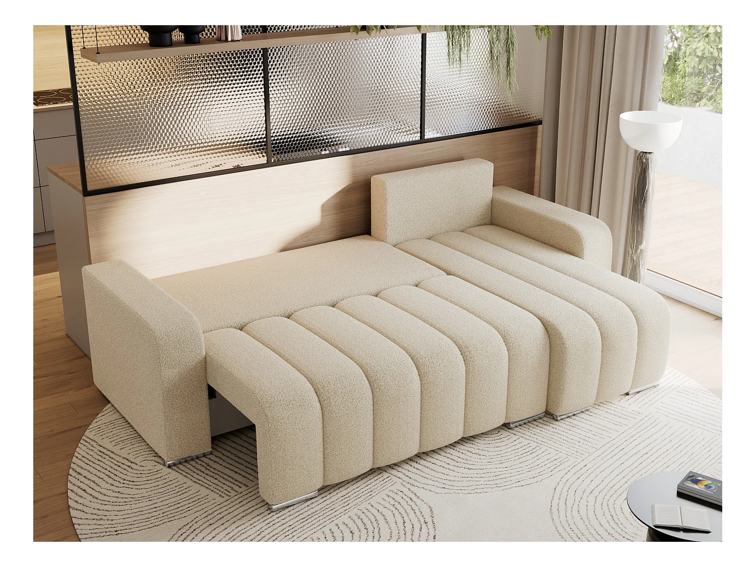 Ecksofa KIRASSO - universelles mit Schlaffunktion und Bettkasten, lose Kissen, Armlehnen - Beige Boucle