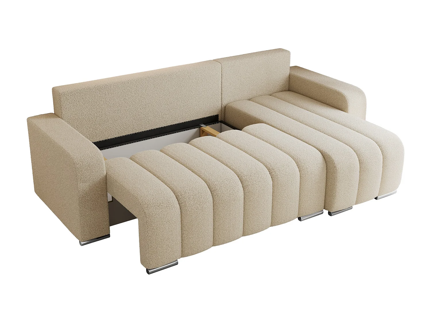 Ecksofa KIRASSO - universelles mit Schlaffunktion und Bettkasten, lose Kissen, Armlehnen - Beige Boucle