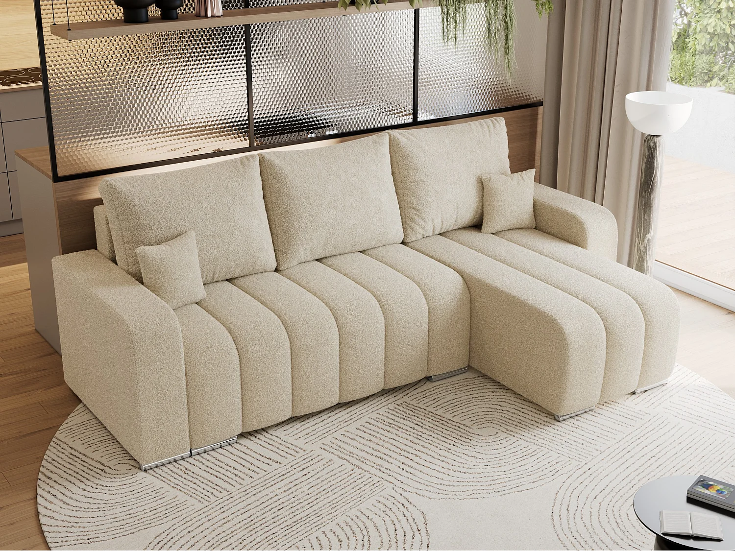 Ecksofa KIRASSO - universelles mit Schlaffunktion und Bettkasten, lose Kissen, Armlehnen - Beige Boucle