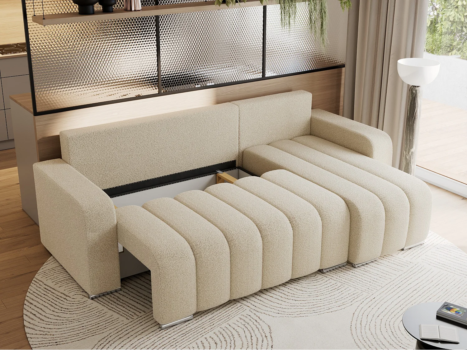 Ecksofa KIRASSO - universelles mit Schlaffunktion und Bettkasten, lose Kissen, Armlehnen - Beige Boucle