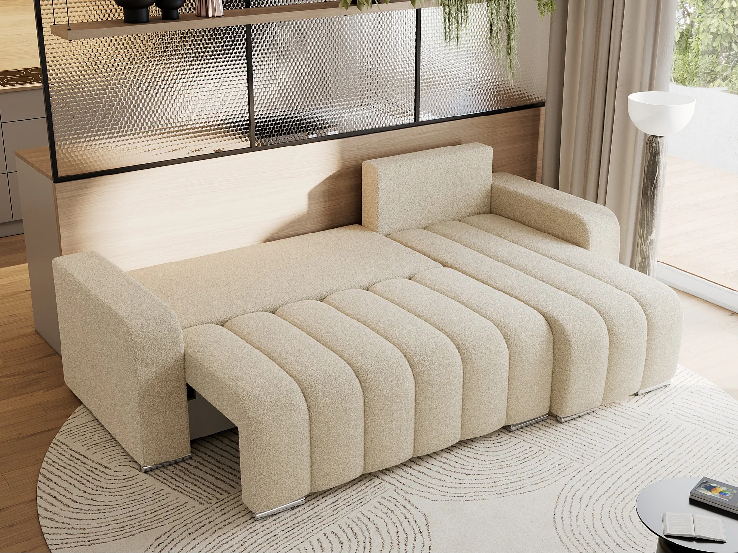 Ecksofa KIRASSO - universelles mit Schlaffunktion und Bettkasten, lose Kissen, Armlehnen - Beige Boucle