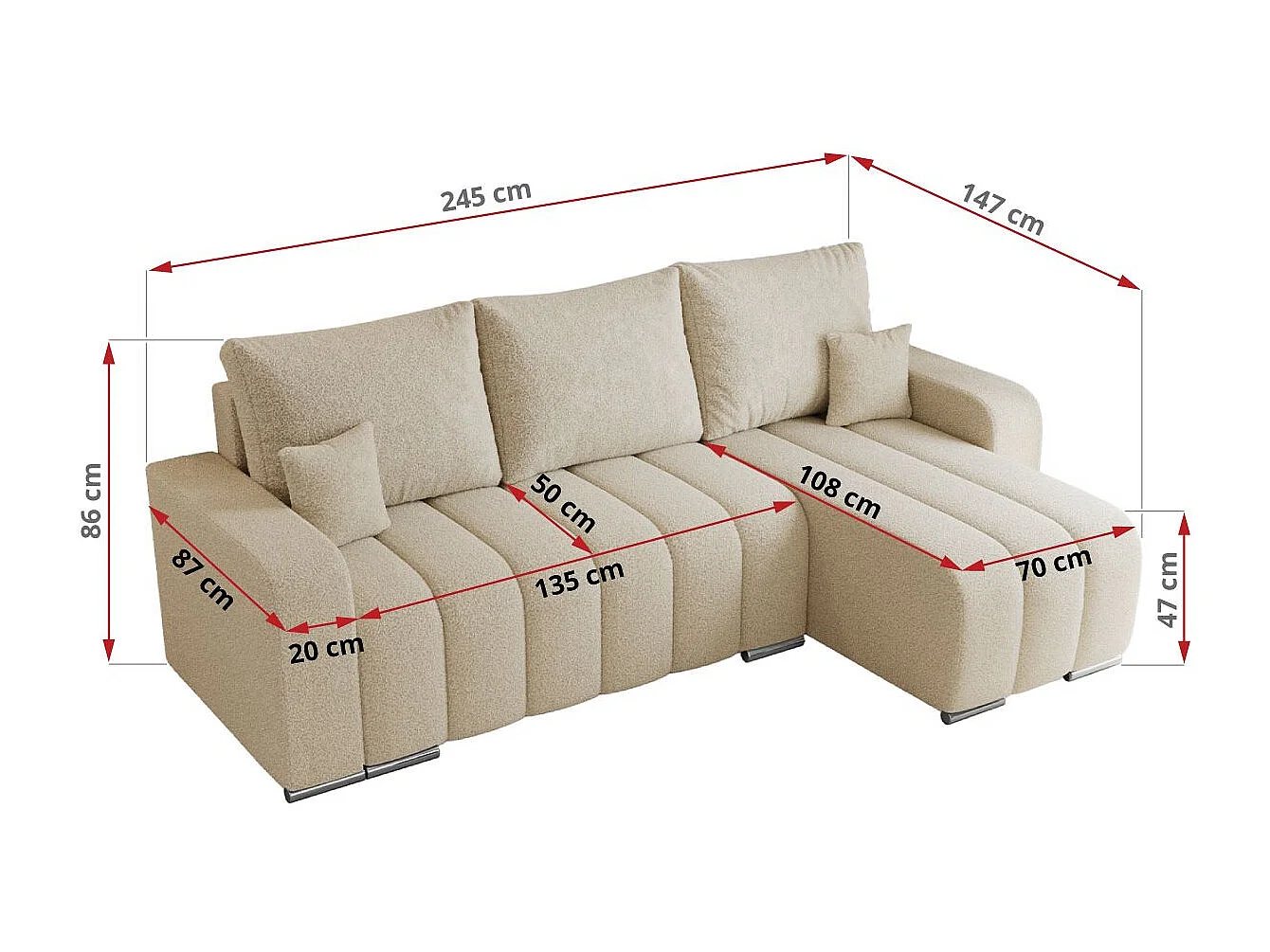 Ecksofa KIRASSO - universelles mit Schlaffunktion und Bettkasten, lose Kissen, Armlehnen - Beige Boucle