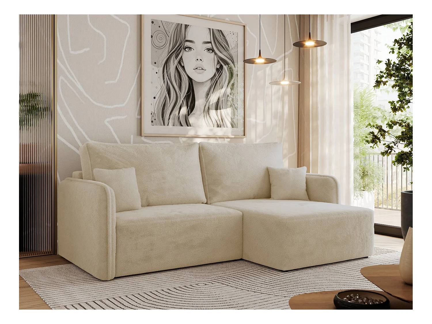 Ecksofa MESTO - Schlaffunktion und Bettkasten, L-form Couch für das Wohnzimmer, Armlehnen - Creme Plüsch - Ecke Rechts