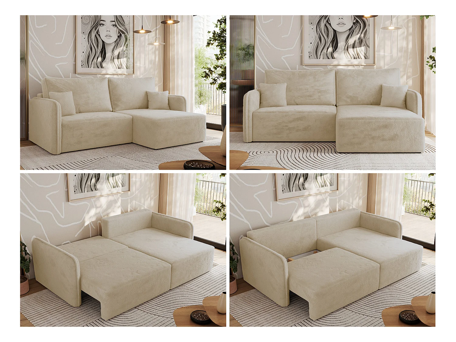Ecksofa MESTO - Schlaffunktion und Bettkasten, L-form Couch für das Wohnzimmer, Armlehnen - Creme Plüsch - Ecke Rechts
