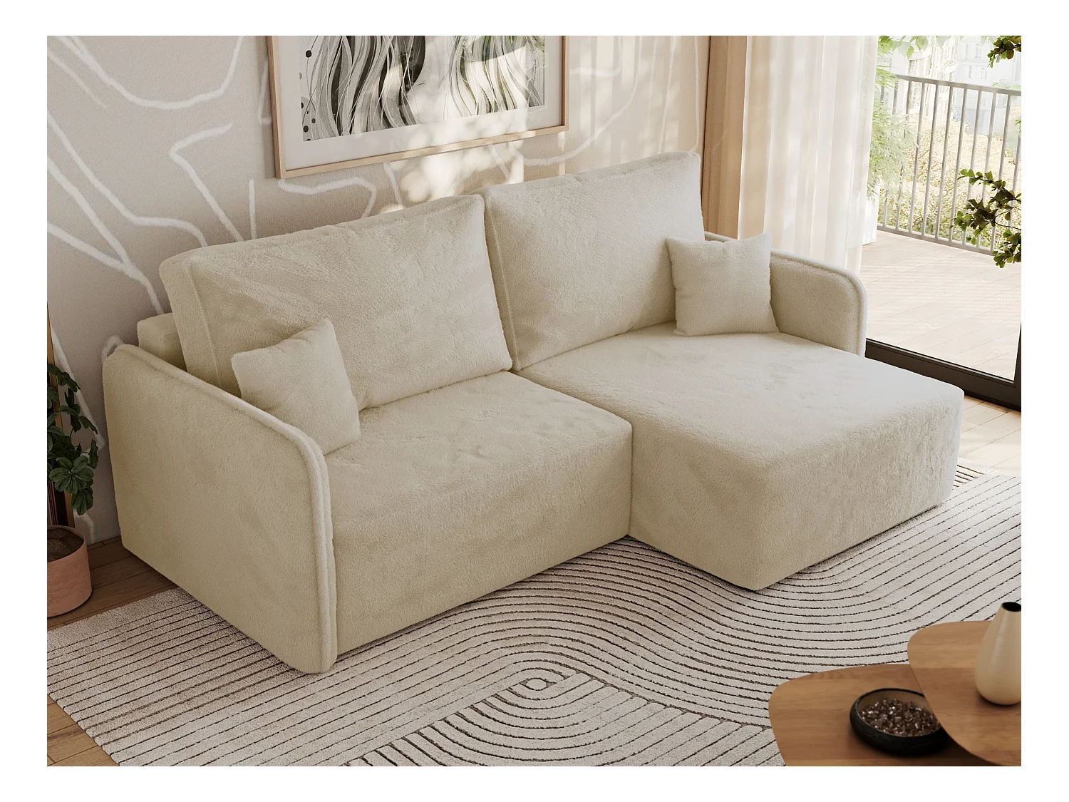Ecksofa MESTO - Schlaffunktion und Bettkasten, L-form Couch für das Wohnzimmer, Armlehnen - Creme Plüsch - Ecke Rechts