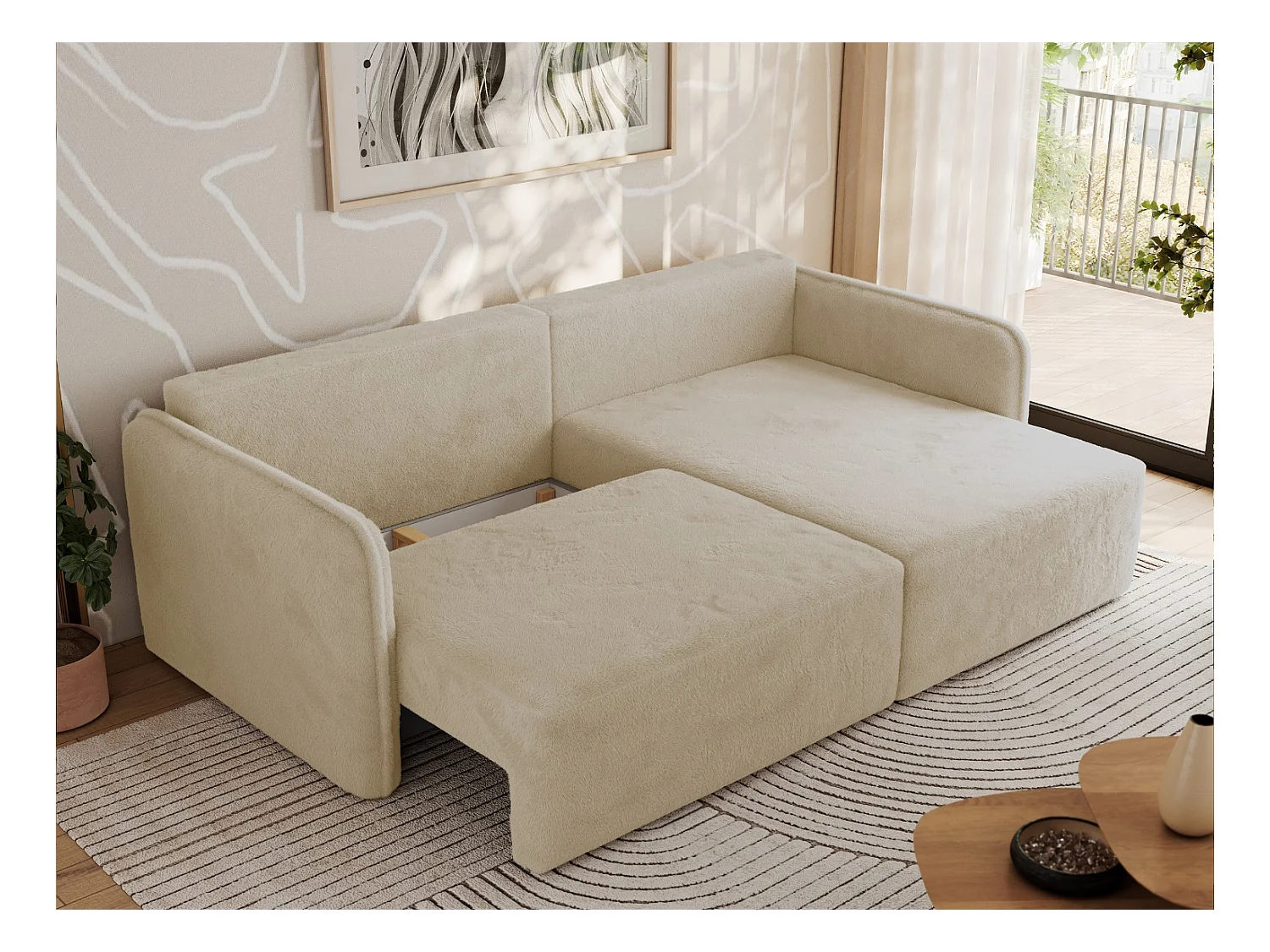 Ecksofa MESTO - Schlaffunktion und Bettkasten, L-form Couch für das Wohnzimmer, Armlehnen - Creme Plüsch - Ecke Rechts