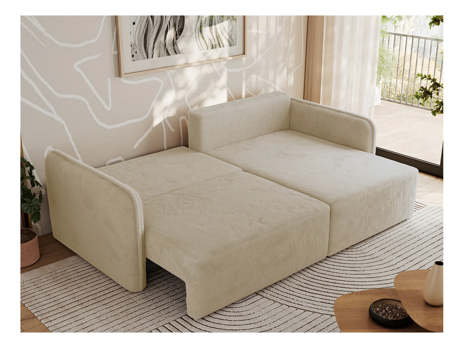 Ecksofa MESTO - Schlaffunktion und Bettkasten, L-form Couch für das Wohnzimmer, Armlehnen - Creme Plüsch - Ecke Rechts