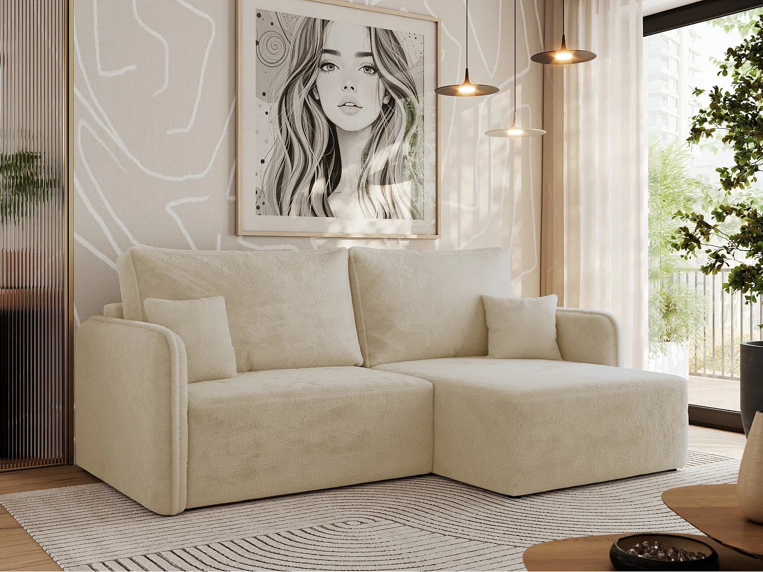 Ecksofa MESTO - Schlaffunktion und Bettkasten, L-form Couch für das Wohnzimmer, Armlehnen - Creme Plüsch - Ecke Rechts