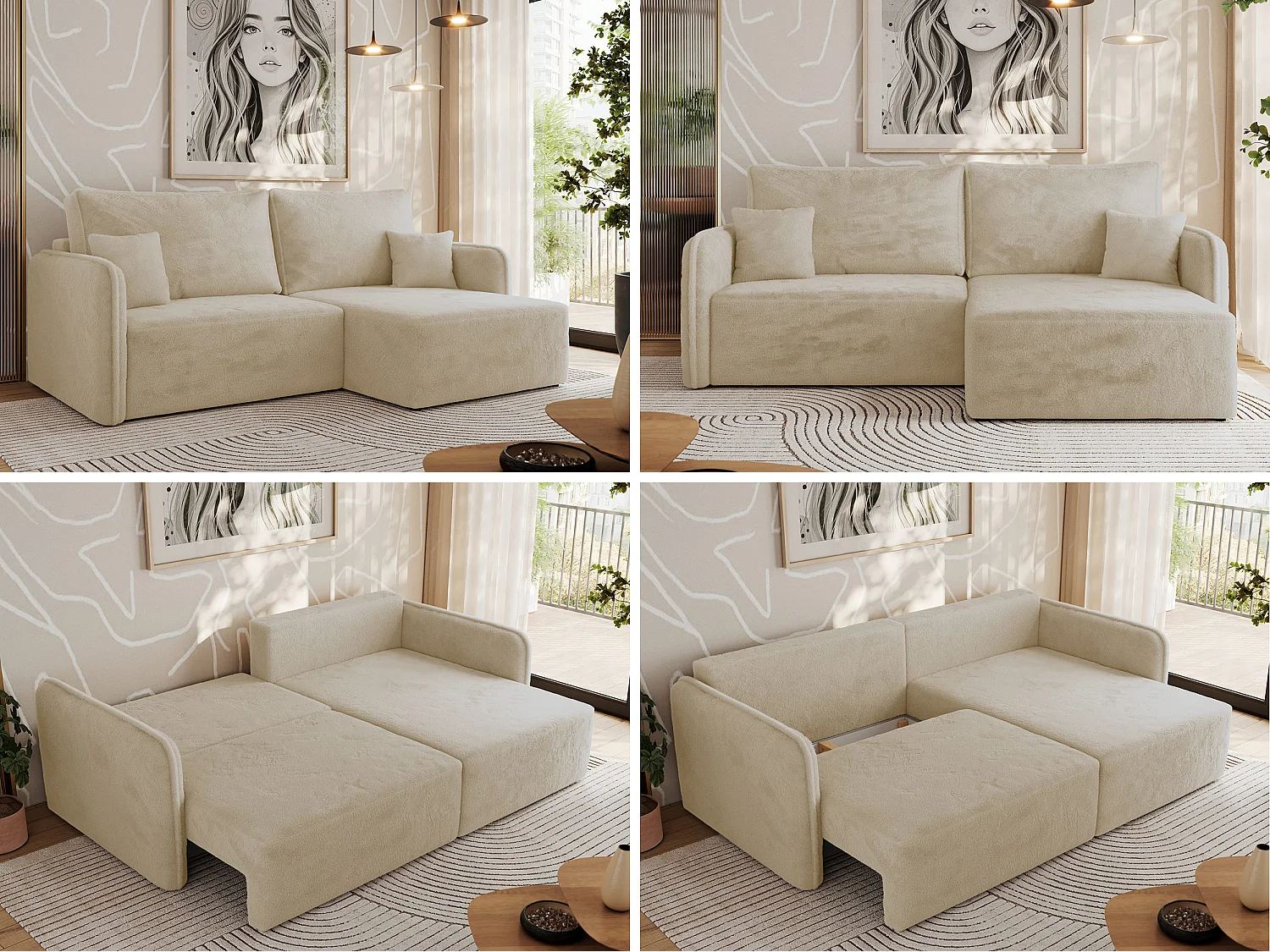 Ecksofa MESTO - Schlaffunktion und Bettkasten, L-form Couch für das Wohnzimmer, Armlehnen - Creme Plüsch - Ecke Rechts