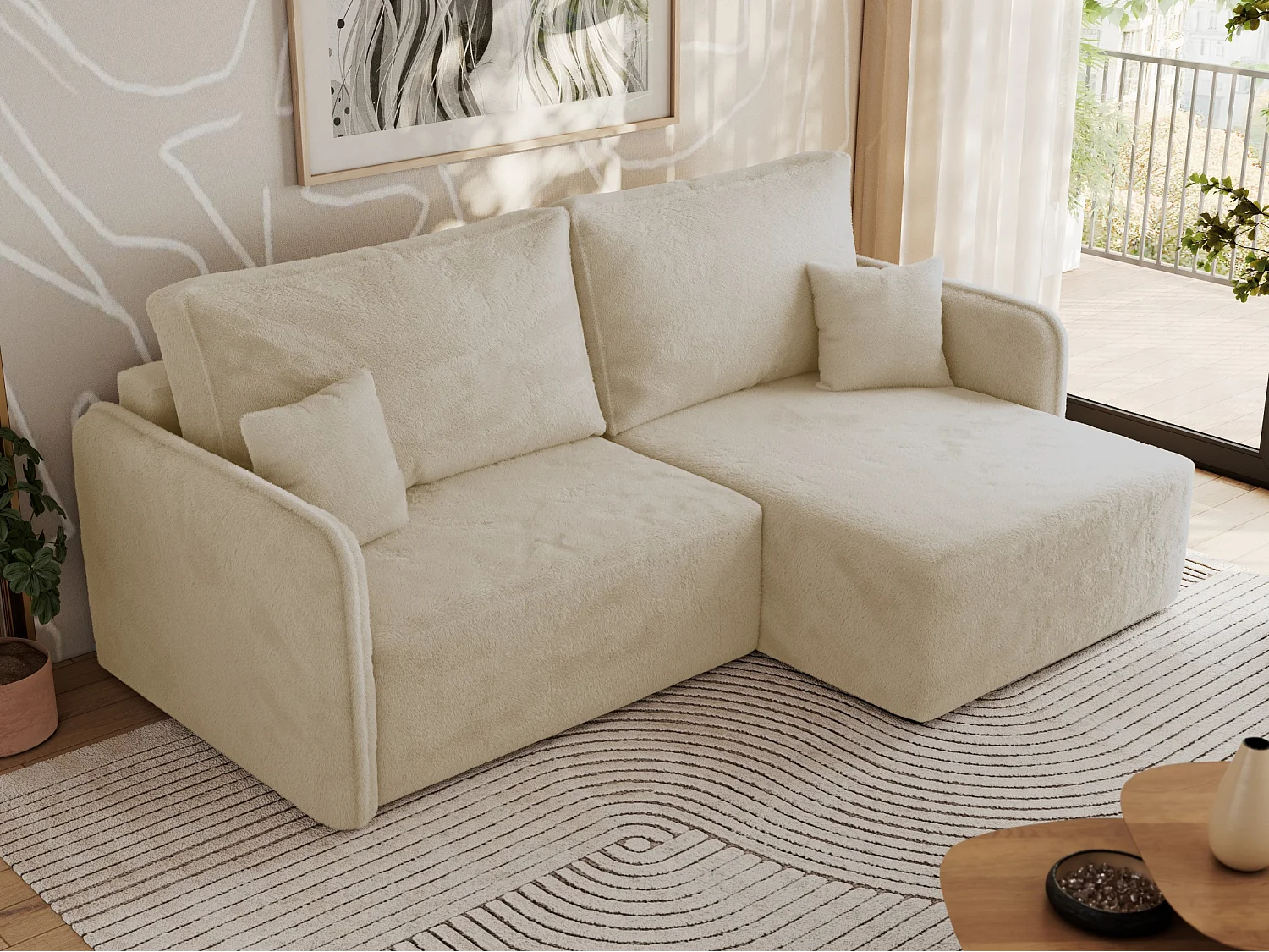 Ecksofa MESTO - Schlaffunktion und Bettkasten, L-form Couch für das Wohnzimmer, Armlehnen - Creme Plüsch - Ecke Rechts