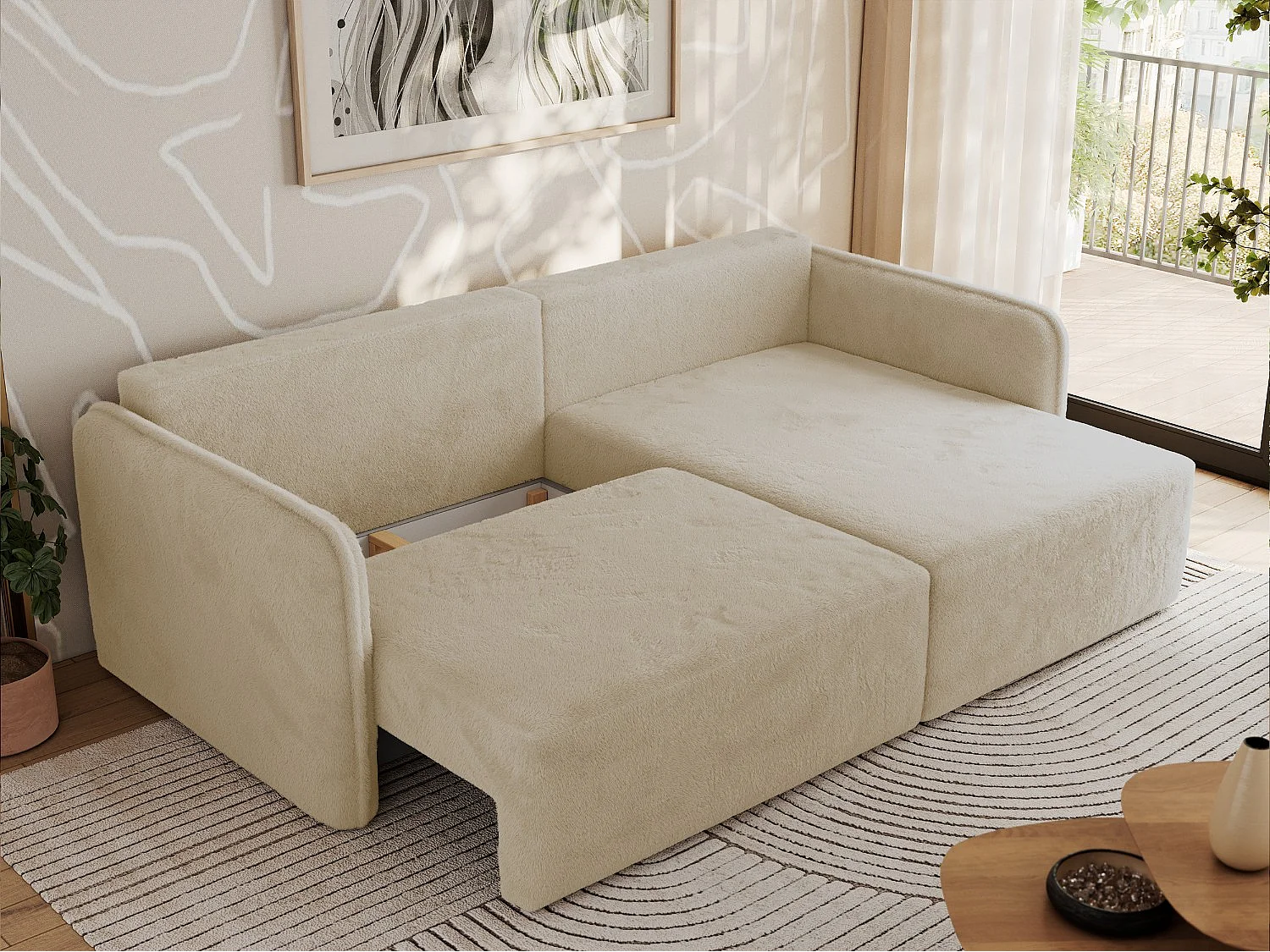 Ecksofa MESTO - Schlaffunktion und Bettkasten, L-form Couch für das Wohnzimmer, Armlehnen - Creme Plüsch - Ecke Rechts