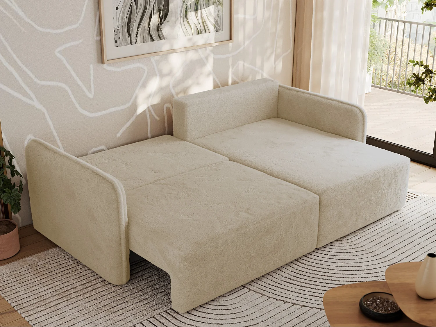 Ecksofa MESTO - Schlaffunktion und Bettkasten, L-form Couch für das Wohnzimmer, Armlehnen - Creme Plüsch - Ecke Rechts