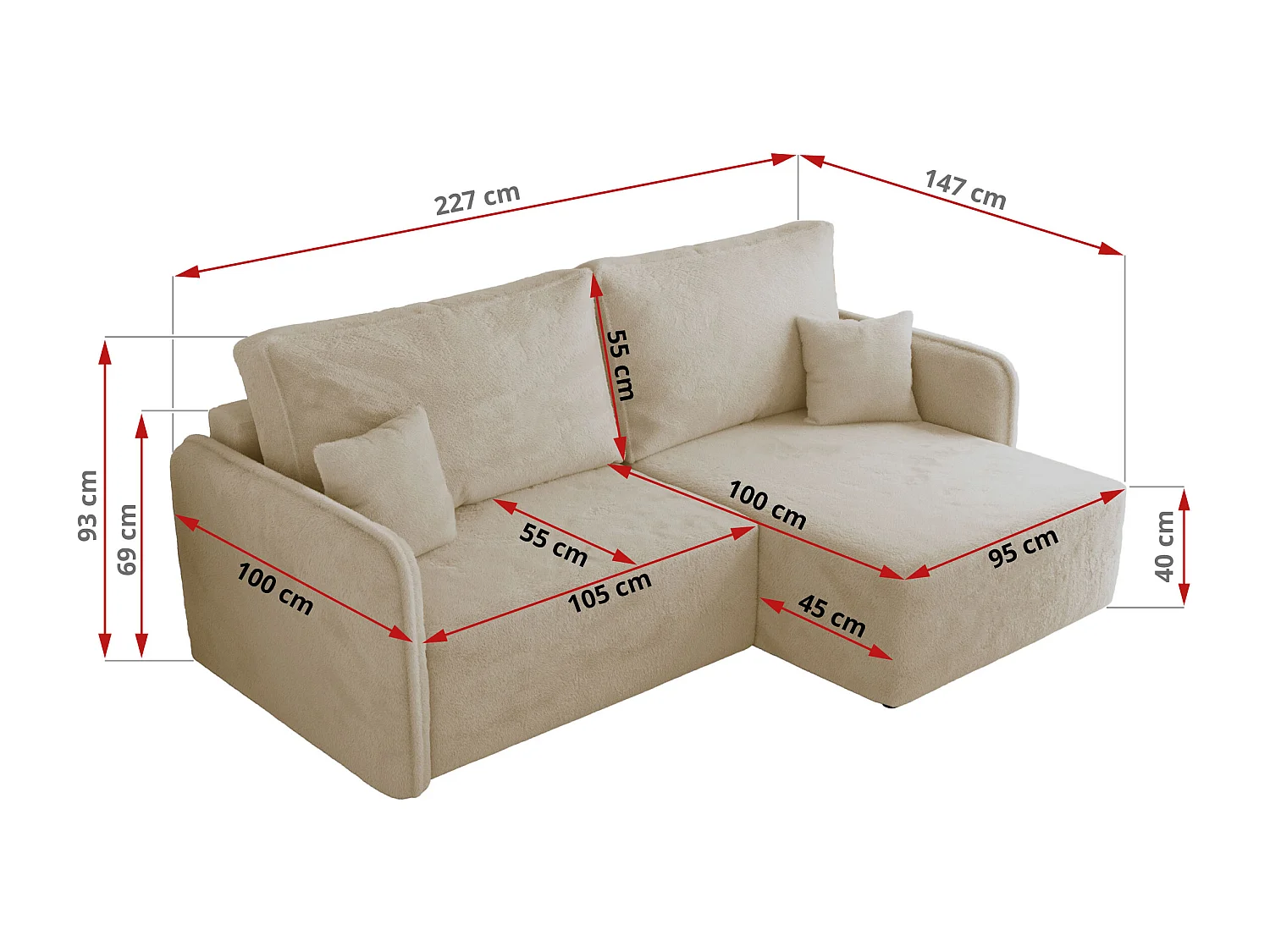 Ecksofa MESTO - Schlaffunktion und Bettkasten, L-form Couch für das Wohnzimmer, Armlehnen - Creme Plüsch - Ecke Rechts