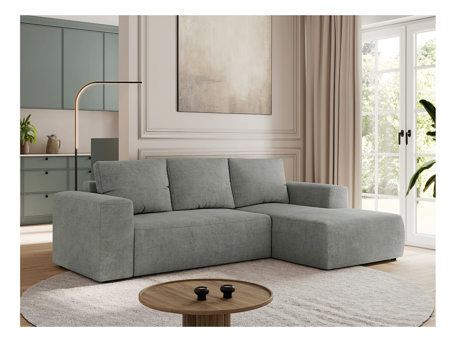 Ecksofa TRENTINO - mit Schlaffunktion und Bettkasten, L-form Couch, lose Kissen und Armlehnen - Grau Stukture - Ecke Rechts