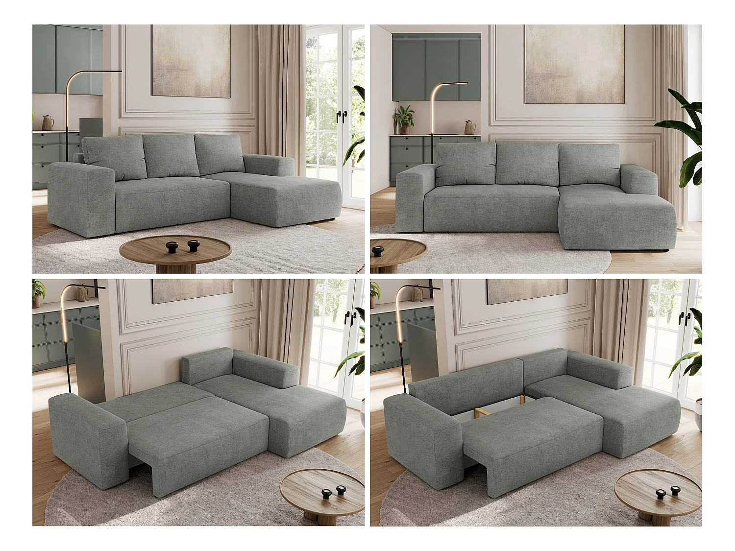 Ecksofa TRENTINO - mit Schlaffunktion und Bettkasten, L-form Couch, lose Kissen und Armlehnen - Grau Stukture - Ecke Rechts