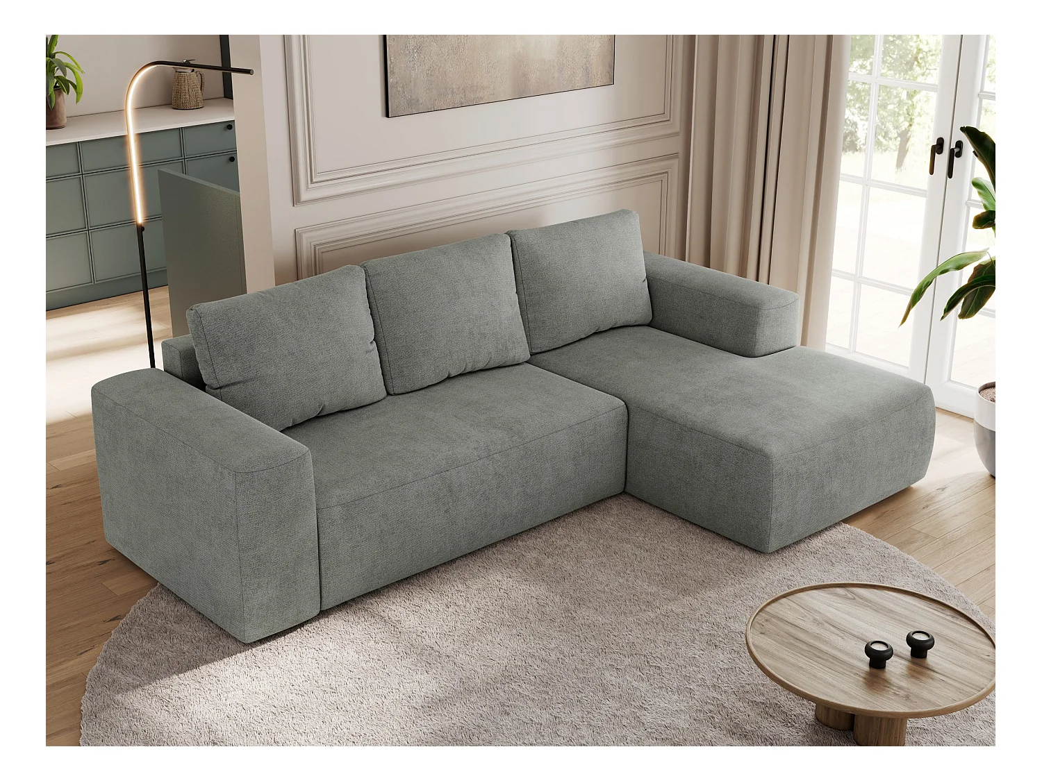 Ecksofa TRENTINO - mit Schlaffunktion und Bettkasten, L-form Couch, lose Kissen und Armlehnen - Grau Stukture - Ecke Rechts
