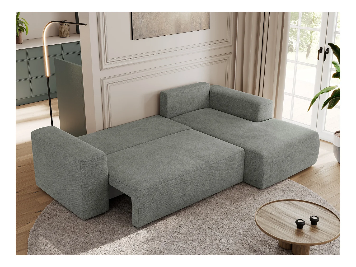 Ecksofa TRENTINO - mit Schlaffunktion und Bettkasten, L-form Couch, lose Kissen und Armlehnen - Grau Stukture - Ecke Rechts