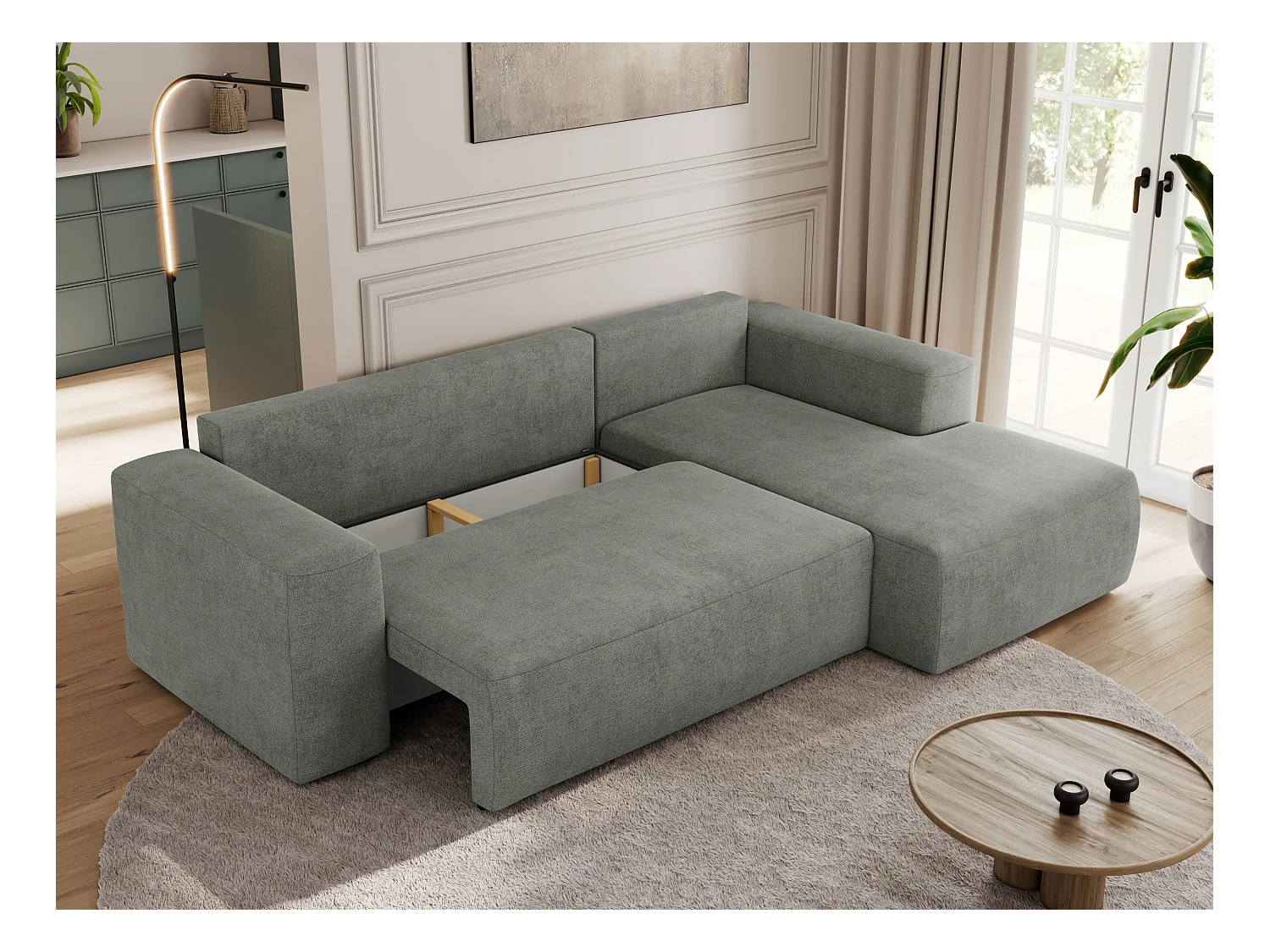 Ecksofa TRENTINO - mit Schlaffunktion und Bettkasten, L-form Couch, lose Kissen und Armlehnen - Grau Stukture - Ecke Rechts