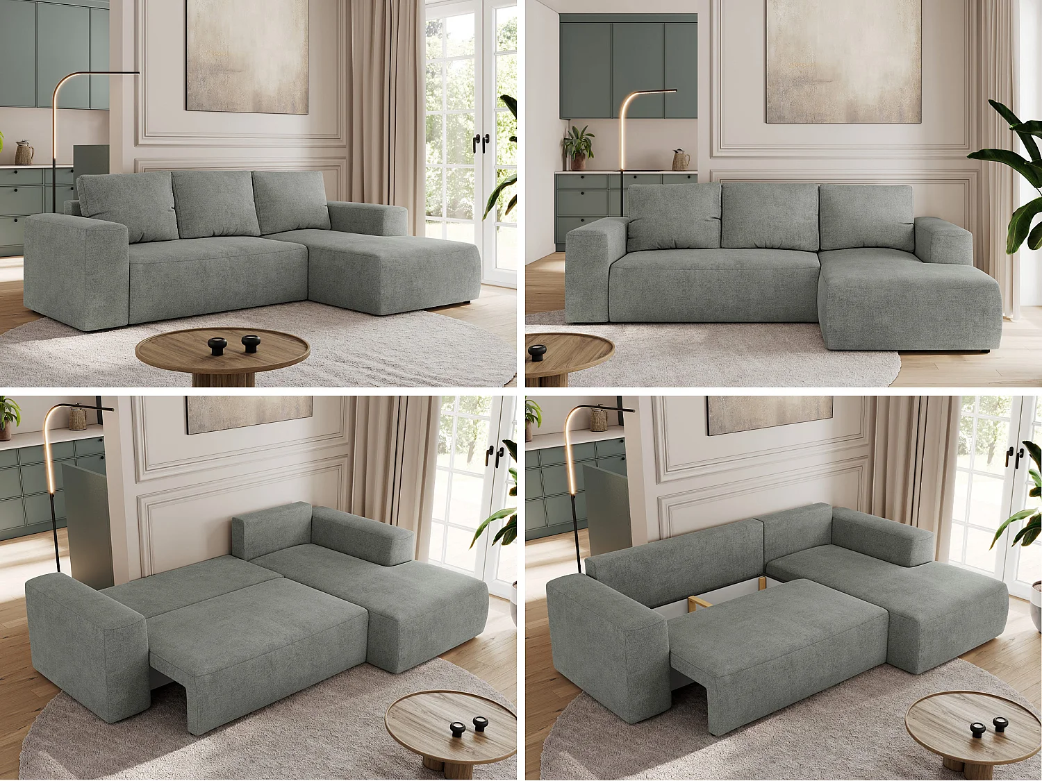 Ecksofa TRENTINO - mit Schlaffunktion und Bettkasten, L-form Couch, lose Kissen und Armlehnen - Grau Stukture - Ecke Rechts