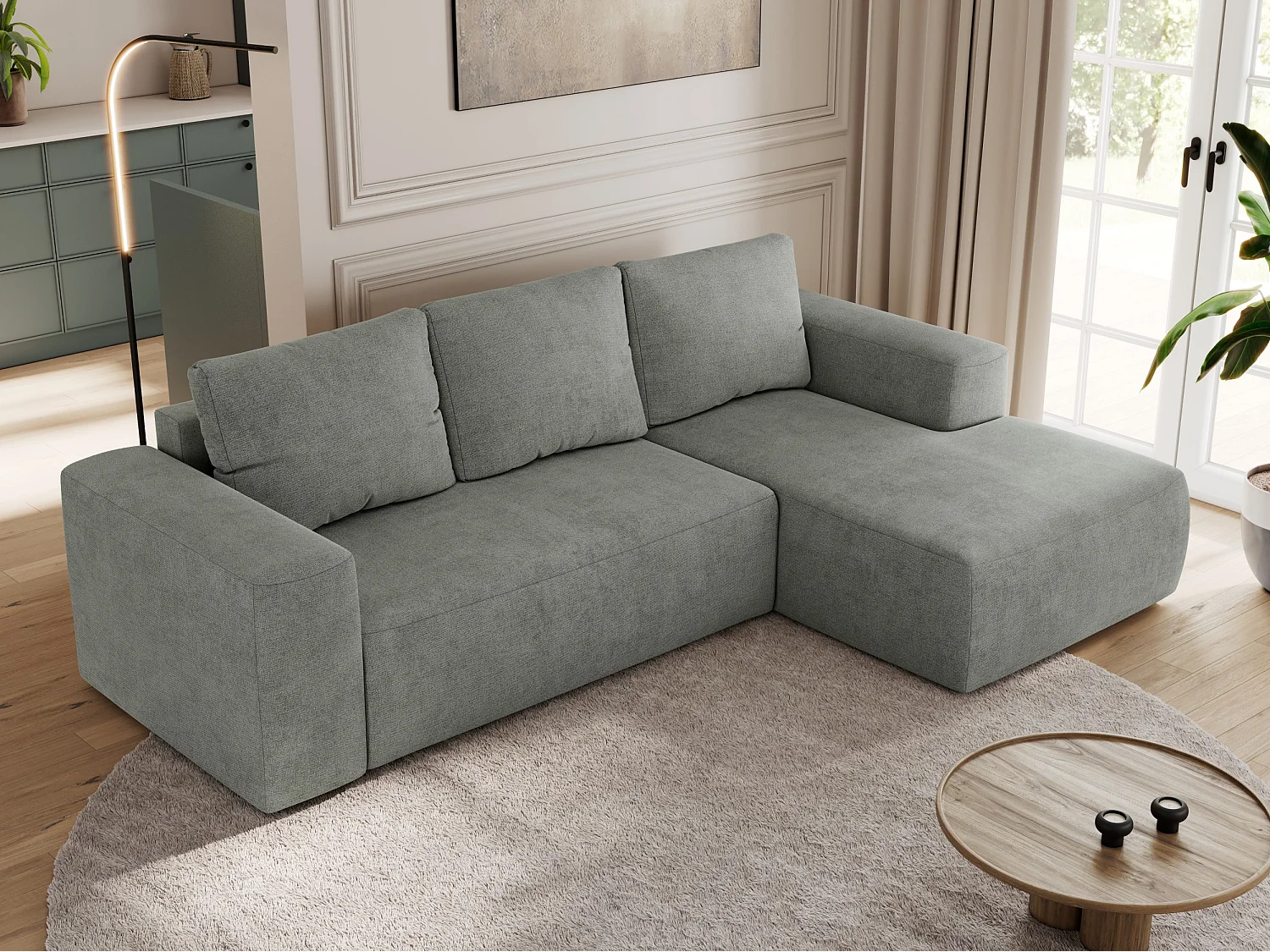 Ecksofa TRENTINO - mit Schlaffunktion und Bettkasten, L-form Couch, lose Kissen und Armlehnen - Grau Stukture - Ecke Rechts