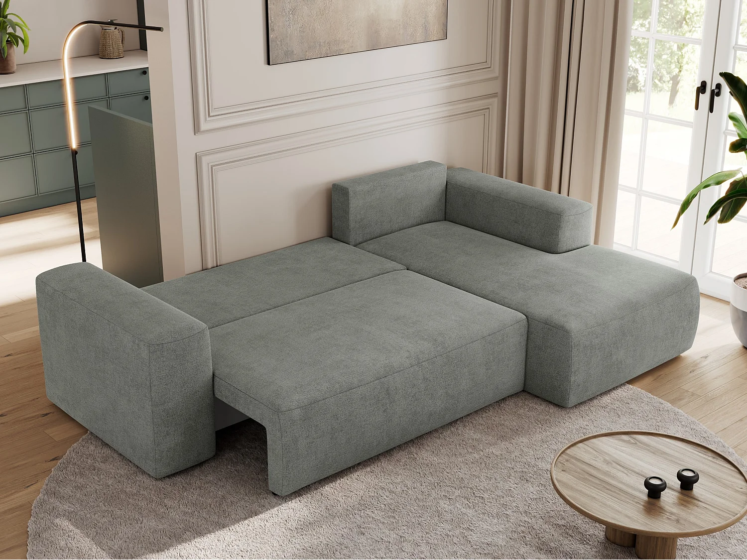 Ecksofa TRENTINO - mit Schlaffunktion und Bettkasten, L-form Couch, lose Kissen und Armlehnen - Grau Stukture - Ecke Rechts