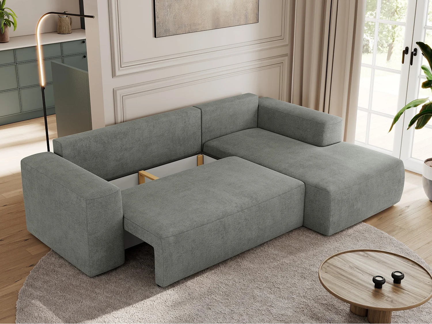 Ecksofa TRENTINO - mit Schlaffunktion und Bettkasten, L-form Couch, lose Kissen und Armlehnen - Grau Stukture - Ecke Rechts