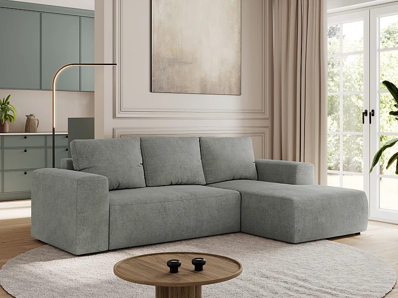 Ecksofa TRENTINO - mit Schlaffunktion und Bettkasten, L-form Couch, lose Kissen und Armlehnen - Grau Stukture - Ecke Rechts