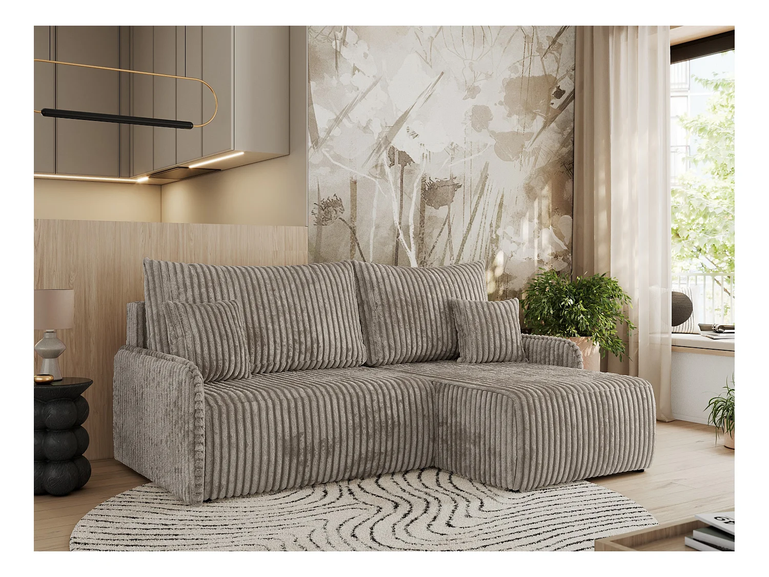 Ecksofa ARPA - L-form Schlaffsofa, Bettkasten und lose Kissen, Armlehnen - Hellbraun Cord - Ecke Rechts