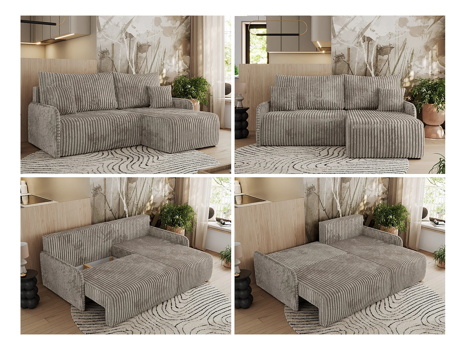 Ecksofa ARPA - L-form Schlaffsofa, Bettkasten und lose Kissen, Armlehnen - Hellbraun Cord - Ecke Rechts