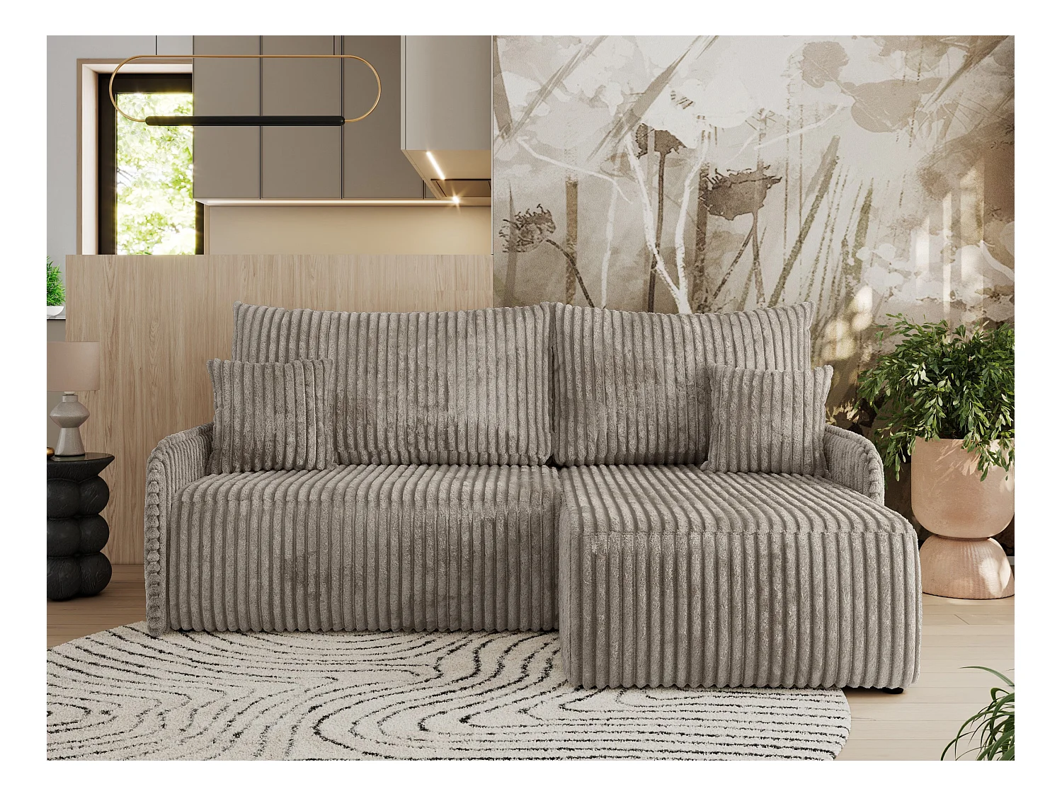 Ecksofa ARPA - L-form Schlaffsofa, Bettkasten und lose Kissen, Armlehnen - Hellbraun Cord - Ecke Rechts