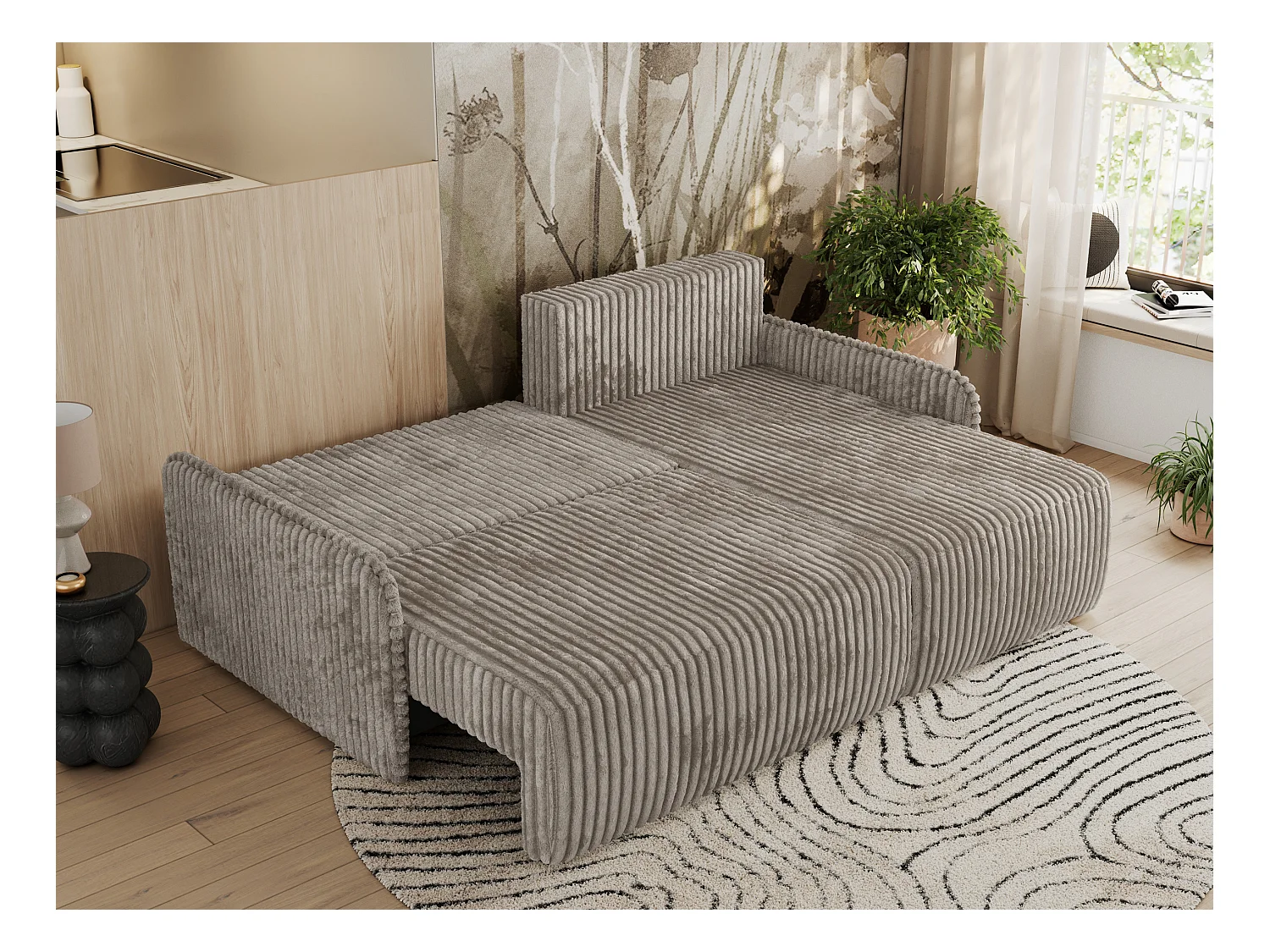 Ecksofa ARPA - L-form Schlaffsofa, Bettkasten und lose Kissen, Armlehnen - Hellbraun Cord - Ecke Rechts