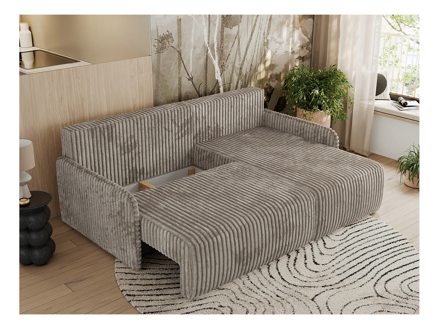 Ecksofa ARPA - L-form Schlaffsofa, Bettkasten und lose Kissen, Armlehnen - Hellbraun Cord - Ecke Rechts