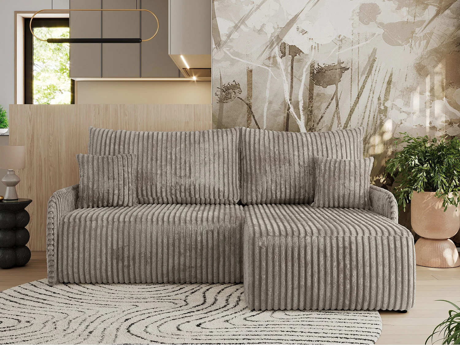 Ecksofa ARPA - L-form Schlaffsofa, Bettkasten und lose Kissen, Armlehnen - Hellbraun Cord - Ecke Rechts