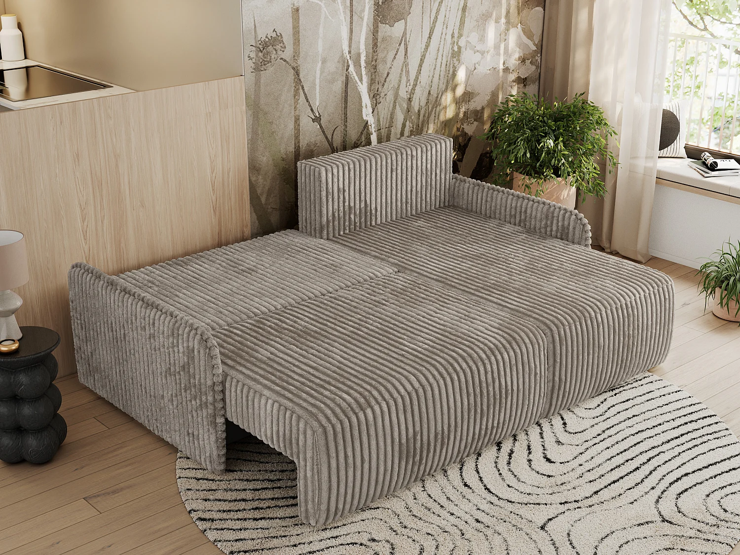 Ecksofa ARPA - L-form Schlaffsofa, Bettkasten und lose Kissen, Armlehnen - Hellbraun Cord - Ecke Rechts