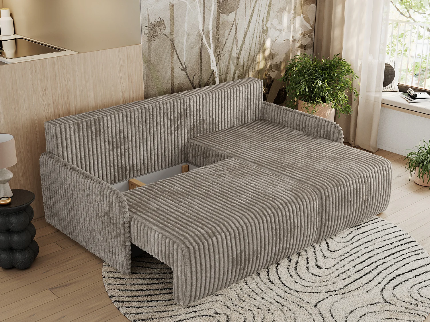 Ecksofa ARPA - L-form Schlaffsofa, Bettkasten und lose Kissen, Armlehnen - Hellbraun Cord - Ecke Rechts