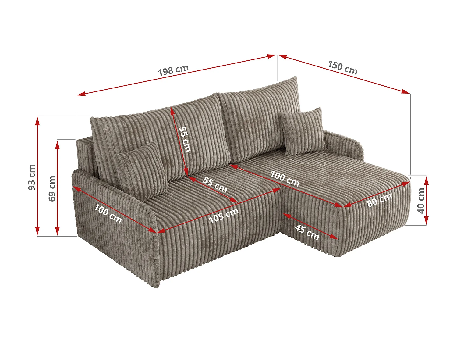Ecksofa ARPA - L-form Schlaffsofa, Bettkasten und lose Kissen, Armlehnen - Hellbraun Cord - Ecke Rechts
