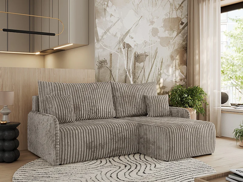 Ecksofa ARPA - L-form Schlaffsofa, Bettkasten und lose Kissen, Armlehnen - Hellbraun Cord - Ecke Rechts
