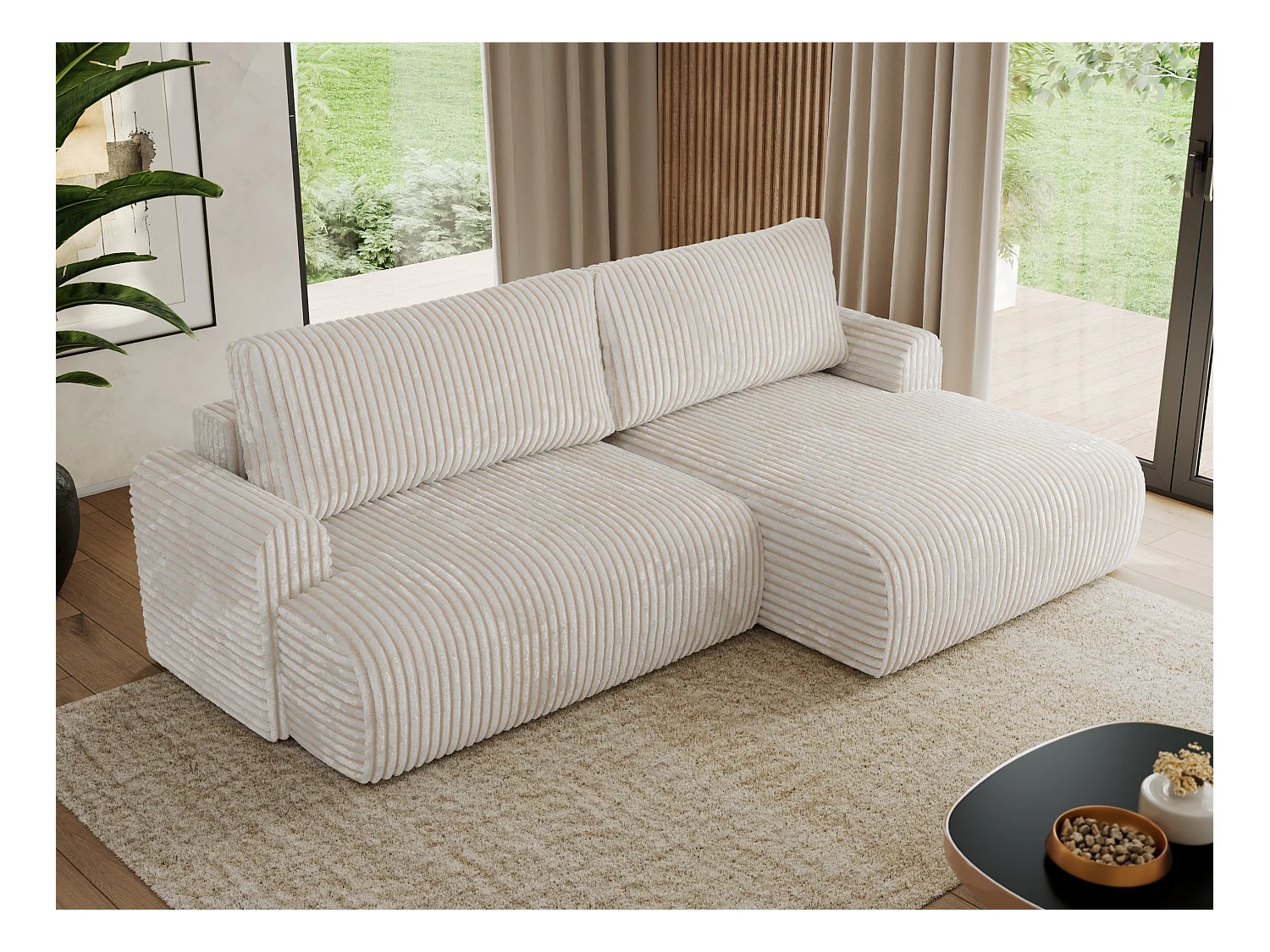 Ecksofa TONO - mit Schlaffunktion und Bettkasten, L-form Ecke, Armlehnen - Creme Cord - Ecke Rechts
