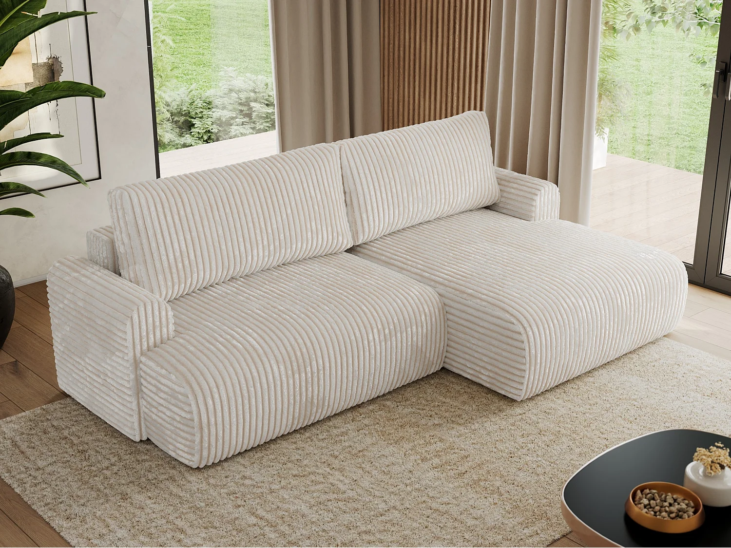 Ecksofa TONO - mit Schlaffunktion und Bettkasten, L-form Ecke, Armlehnen - Creme Cord - Ecke Rechts