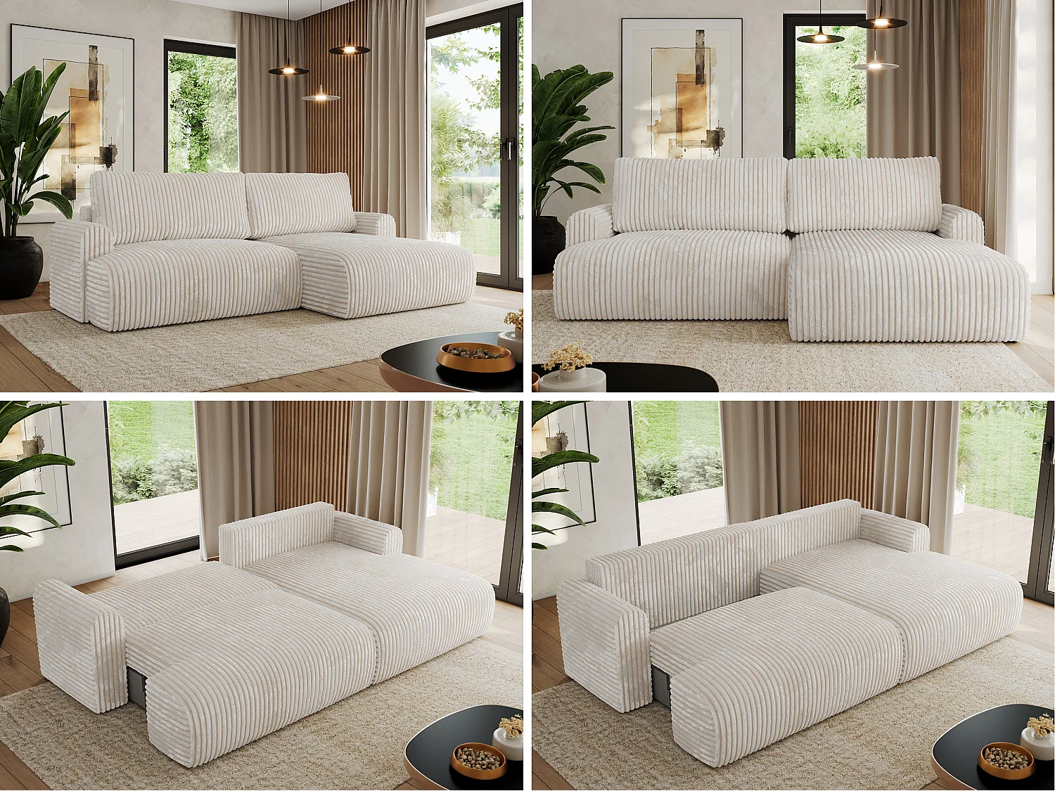 Ecksofa TONO - mit Schlaffunktion und Bettkasten, L-form Ecke, Armlehnen - Creme Cord - Ecke Rechts